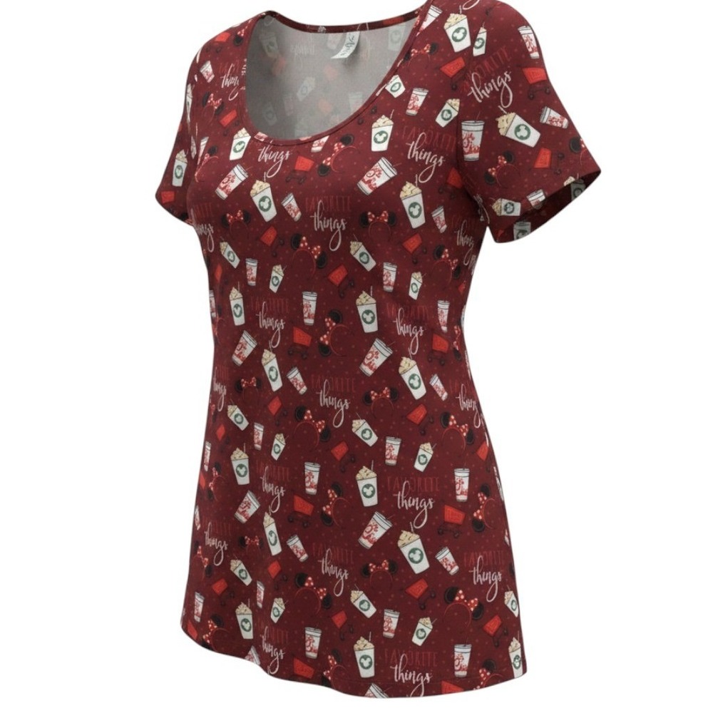 Ambrie Womans Favorite Things Minnie Ears Chick-fil-A Coffee Print Maroon Top S
